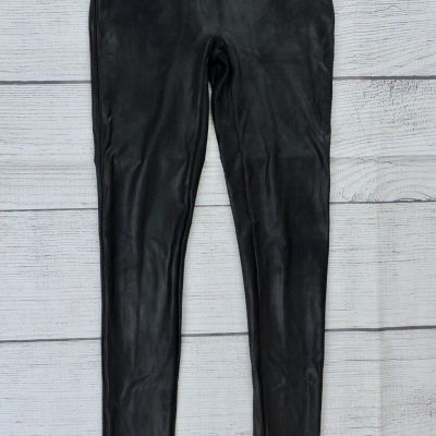 SPANX FAUX LEATHER Womens Sz Small Black Seamless Shaping Stretch Leggings EXC